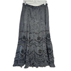 Large Beaded Ruffle Skirt Peasant Festival Boho Black Embroidered Crinkle Maxi